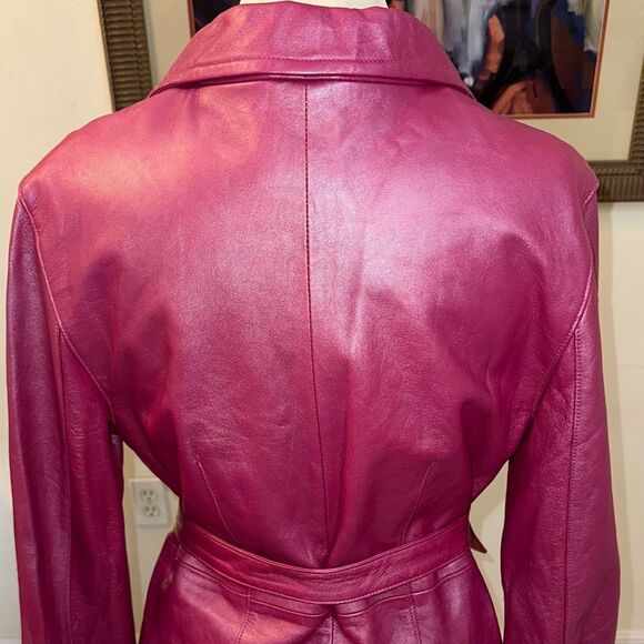 Bernardo Collection Pink Raspberry Belted Soft Leather Jacket Size Medium - Picture 8 of 13
